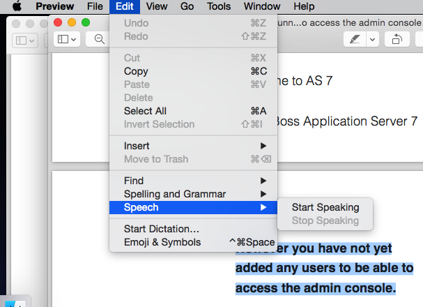 Speech option for PDF in Preview App Mac OS X